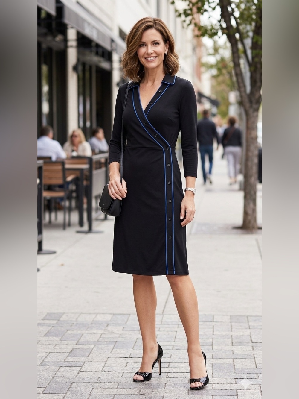 Isaac Mizrahi Black Midi Wrap Dress with Blue Piping
